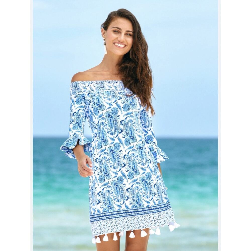 Cabana Life Charleston Off Shoulder Tassel Dress Paisley 3X vacation resort NEW - Picture 1 of 6